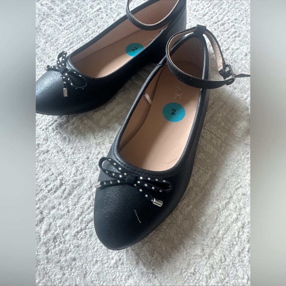 Sugar Lanna Girls Black Ballet Flats Sz 2 Youth Ankle strap dress shoes bow NWOT